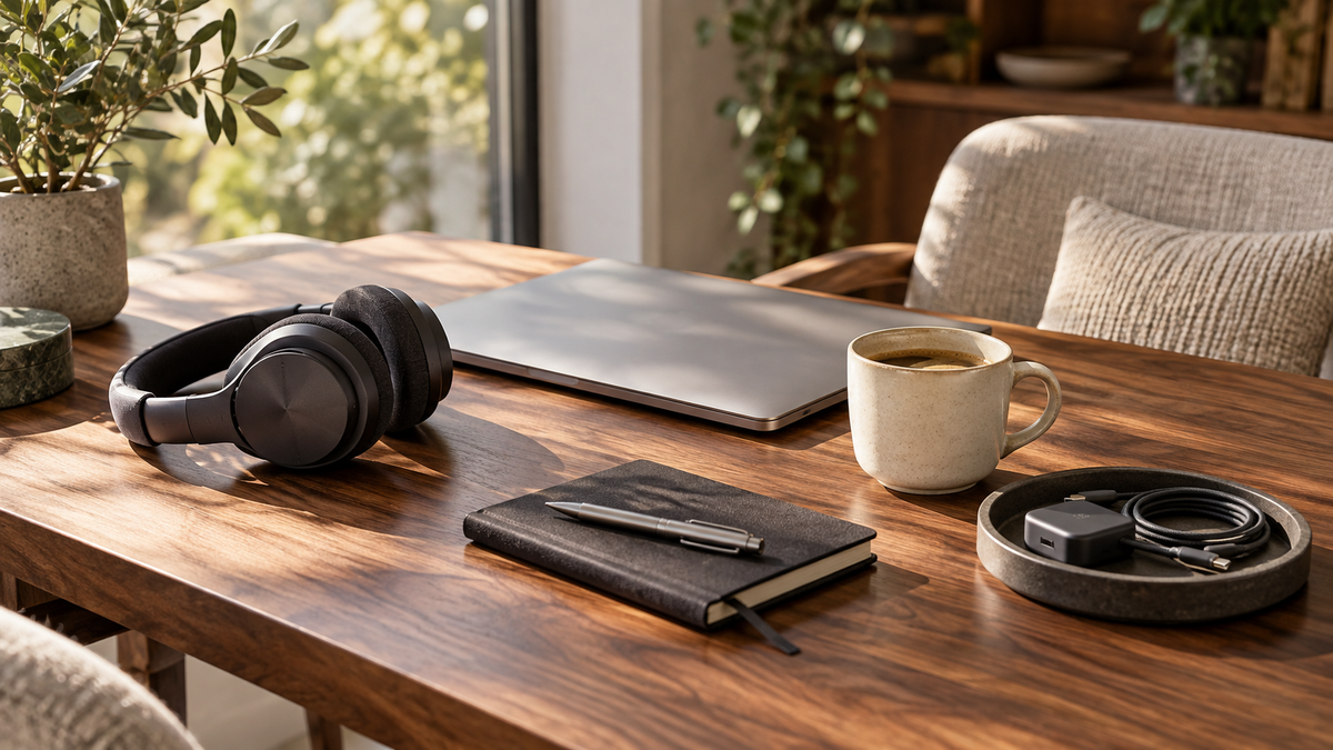 Laptop, headphones, notebook, coffee mug, and charging accessories arranged on a wooden desk beside a sunlit window