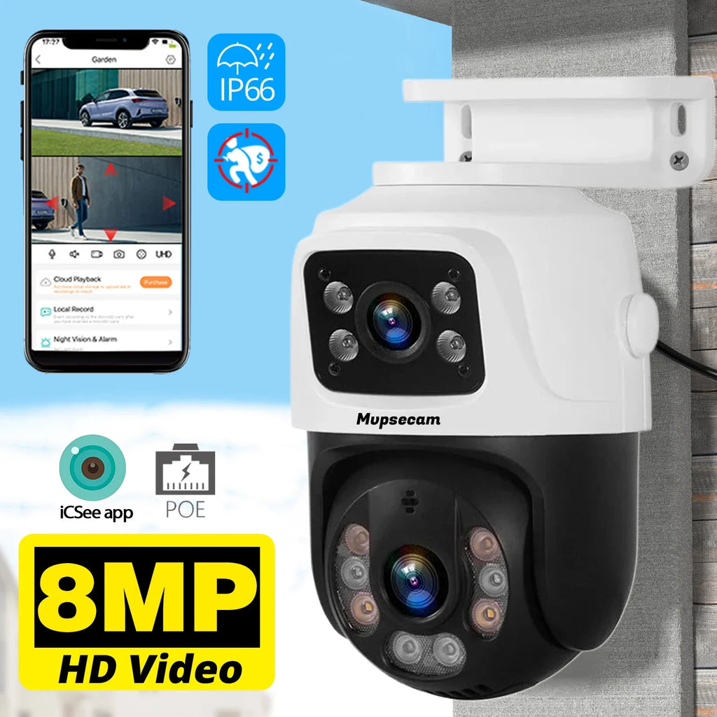 8MP 4K Dual Lens POE IP Camera PTZ Dual Screens Smart Home 360° PTZ Wired Video Surveillance Camera Motion Detection CCTV ICsee