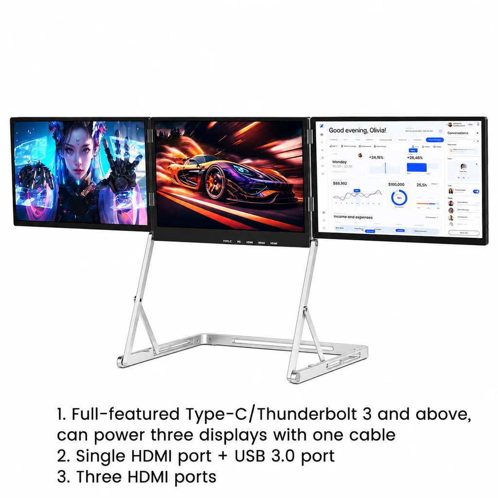 Sibolan 16 inch 2.5K Three Screen Portable Monitor 100% SRGB Metal Body HDMI USB-C Tripe Laptop Display Extender For Win Mac OS