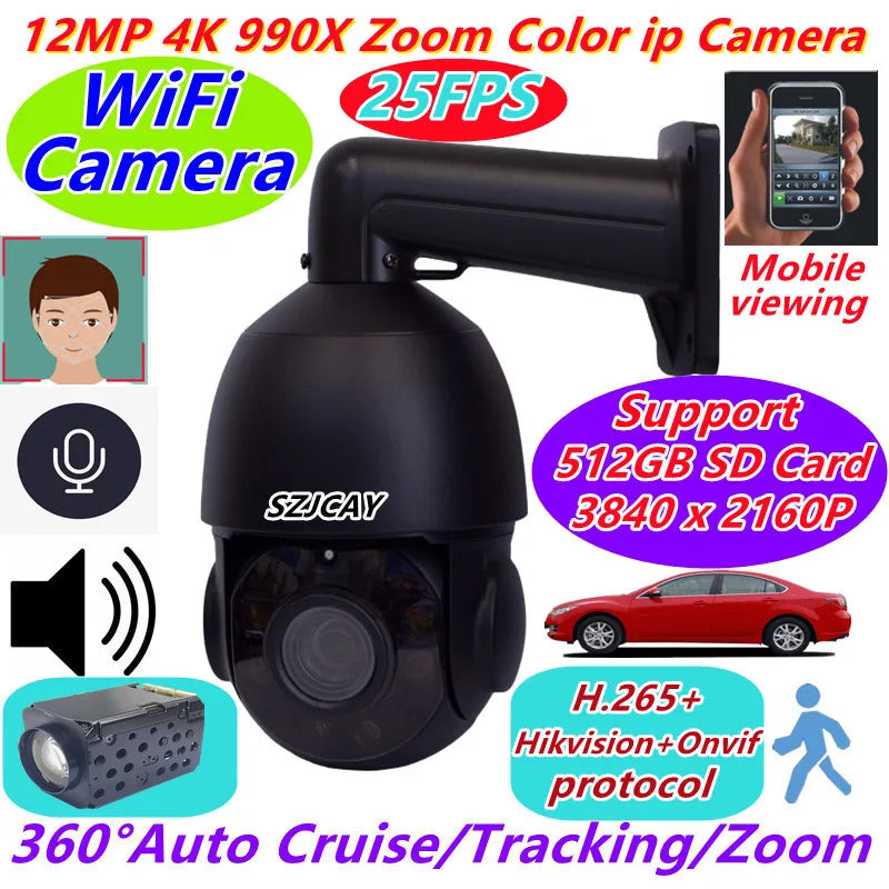 Onvif 12MP 4K 25fps Wireless Wifi Camera 990X Zoom Outdoor Human Tracking POE PTZ Surveillance IP Camera Hikvision Da-hua ICSee