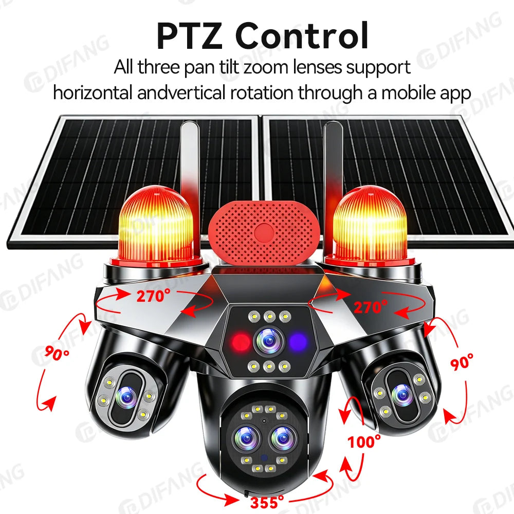4 Screens 4G Sim AOV Outdoor Solar  IP Camera 5 Lens 3 PTZ Lens Surveillance Cam 10X Zoom 4G Solar CCTV V380 Pro