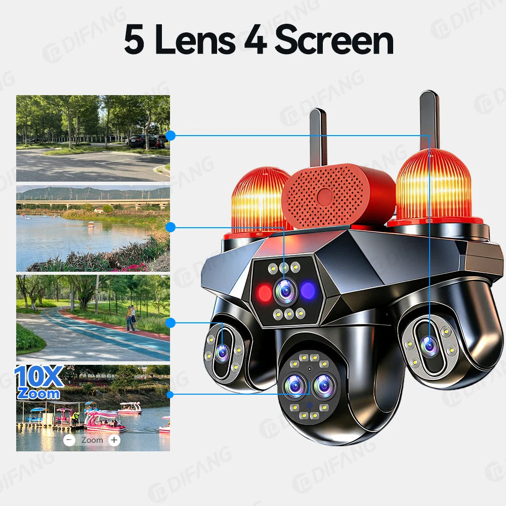 4 Screens 4G Sim AOV Outdoor Solar  IP Camera 5 Lens 3 PTZ Lens Surveillance Cam 10X Zoom 4G Solar CCTV V380 Pro