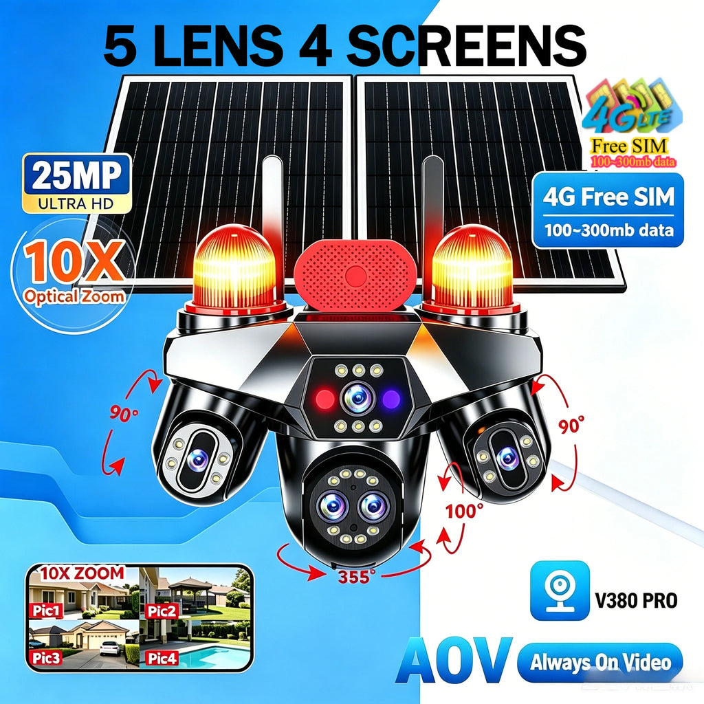 4 Screens 4G Sim AOV Outdoor Solar  IP Camera 5 Lens 3 PTZ Lens Surveillance Cam 10X Zoom 4G Solar CCTV V380 Pro