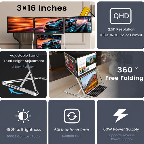 Sibolan 16 inch 2.5K Three Screen Portable Monitor 100% SRGB Metal Body HDMI USB-C Tripe Laptop Display Extender For Win Mac OS