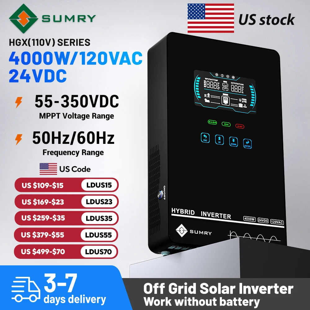 Sumry 4000W Off Grid Hybrid Inverter 24V 140A 5600W MPPT Solar Charger Pure Sine Wave Inverter for Home 6.25 Inch LCD Display