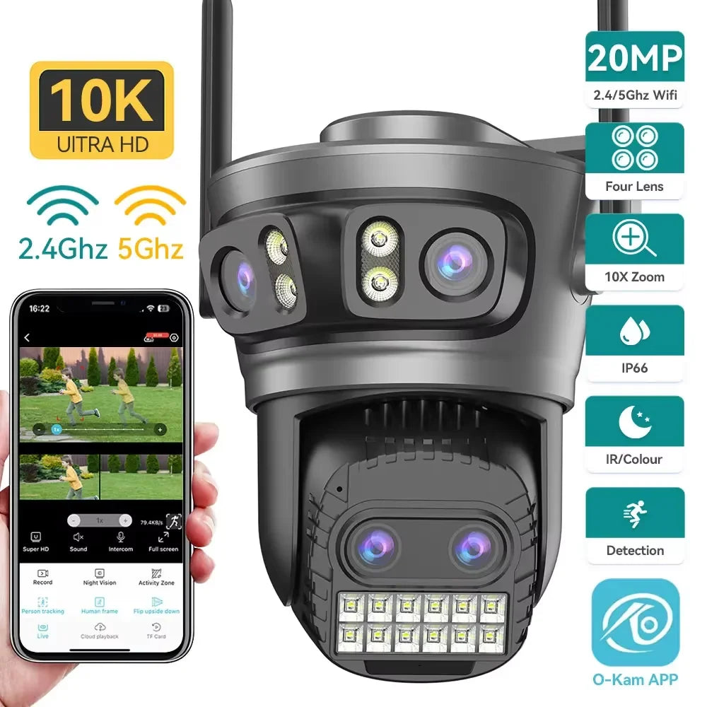 8K 20MP Four Lens Three Screen 10X Zoom PTZ 2.4Ghz/5G Wifi IP Camera 10MP 5K Dual Lens Dual Screens Auto Tracking Outdoor Camera