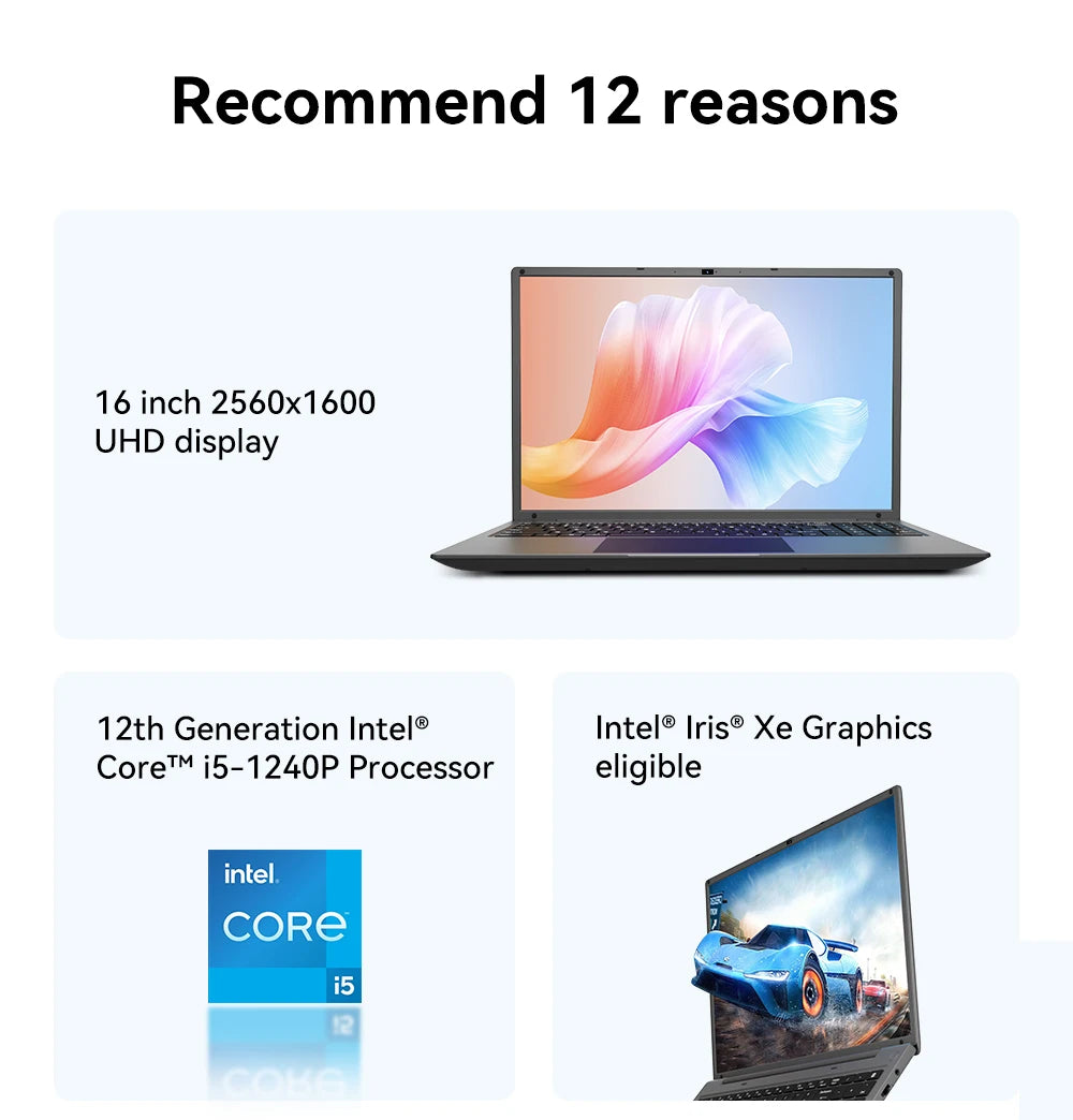 16 Inch Laptop Intel Core I5-1240P CPU 2.5K IPS Display Windows 11 Notebook Portable Business Laptop 16GB RAM 512GB/ 1TB ROM For Student, Business