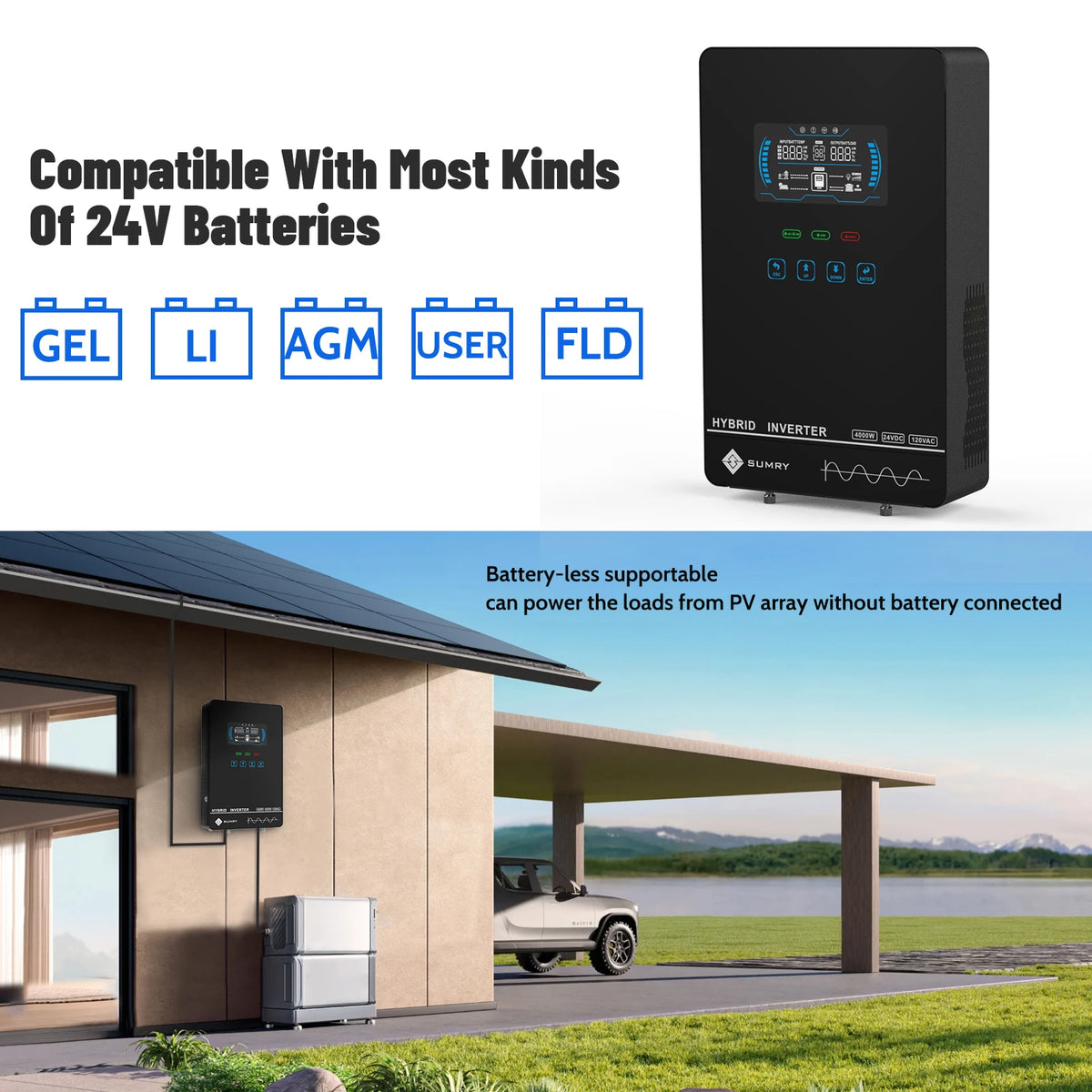 Sumry 4000W Off Grid Hybrid Inverter 24V 140A 5600W MPPT Solar Charger Pure Sine Wave Inverter for Home 6.25 Inch LCD Display