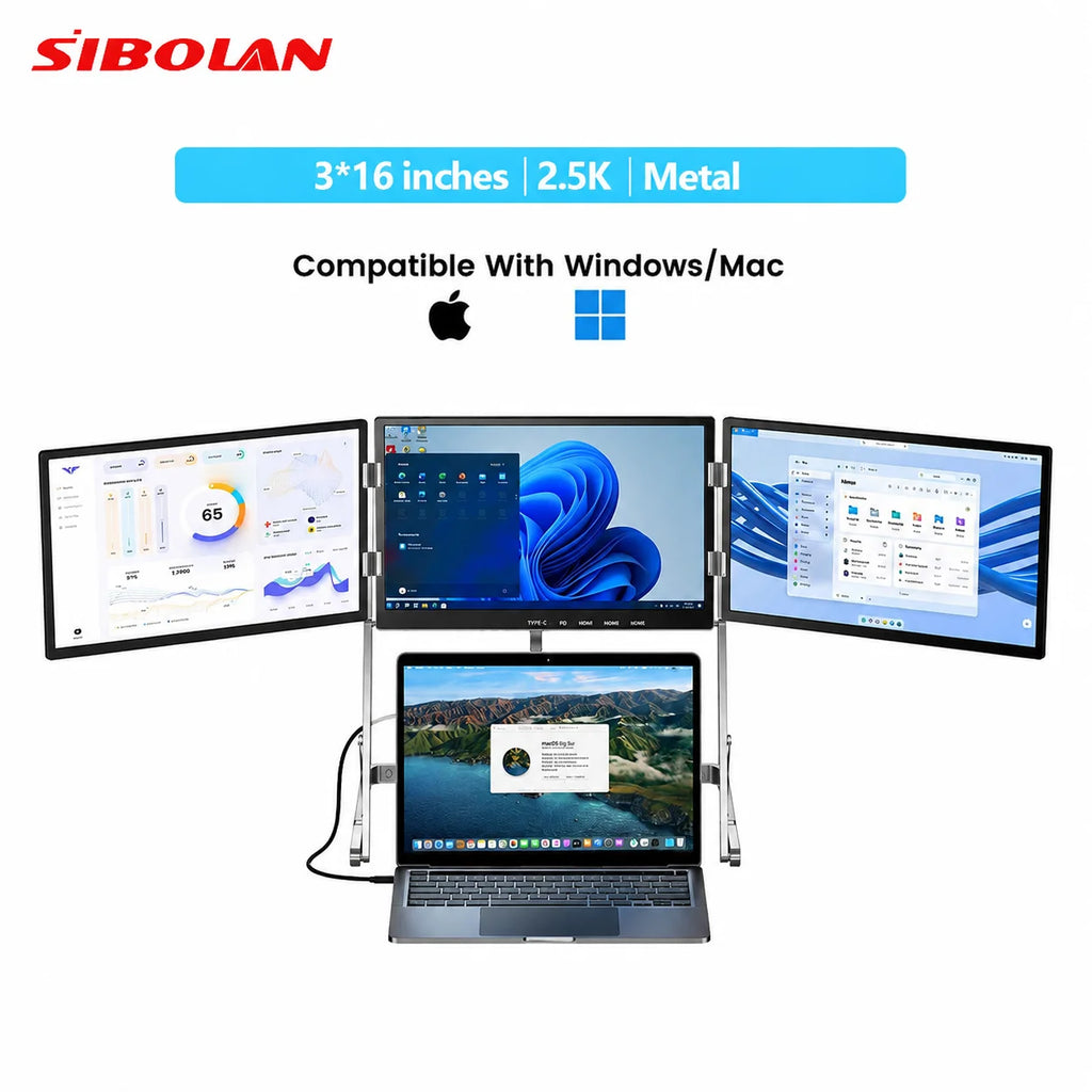 Sibolan 16 inch 2.5K Three Screen Portable Monitor 100% SRGB Metal Body HDMI USB-C Tripe Laptop Display Extender For Win Mac OS