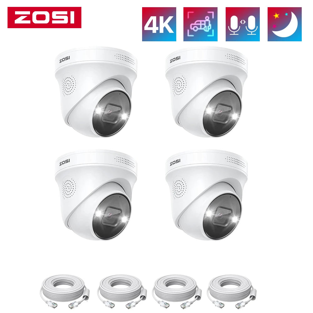 ZOSI 4K PoE Security Cameras with Ethernet Cables 2-Way Audio Weatherproof Color Night Vision Outdoor Indoor Surveillance Camera Only Compatible with ZOSI 8MP/4K POE CCTV NVR
