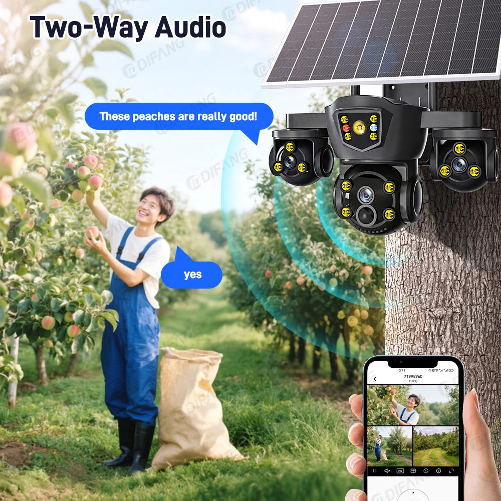 O-KAM Pro Solar Security Camera WiFi 15MP 10X Zoom Triple Screen Outdoor Red Blue LED Flash Alarm Wireless Solar Surveillance