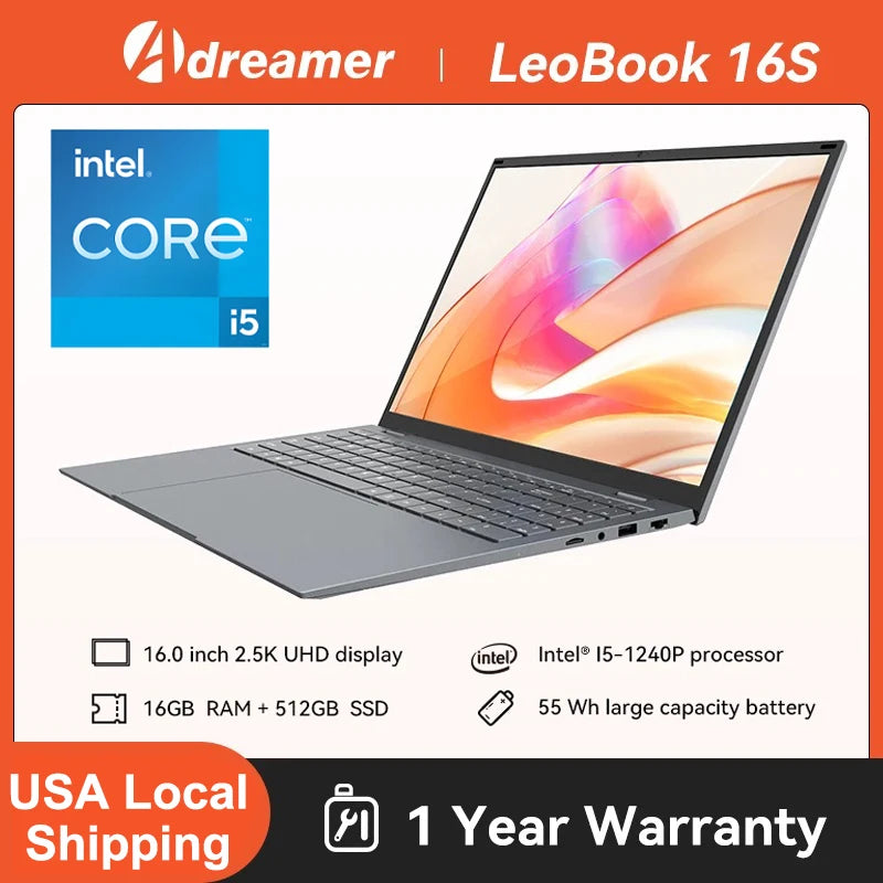 16 Inch Laptop Intel Core I5-1240P CPU 2.5K IPS Display Windows 11 Notebook Portable Business Laptop 16GB RAM 512GB/ 1TB ROM For Student, Business