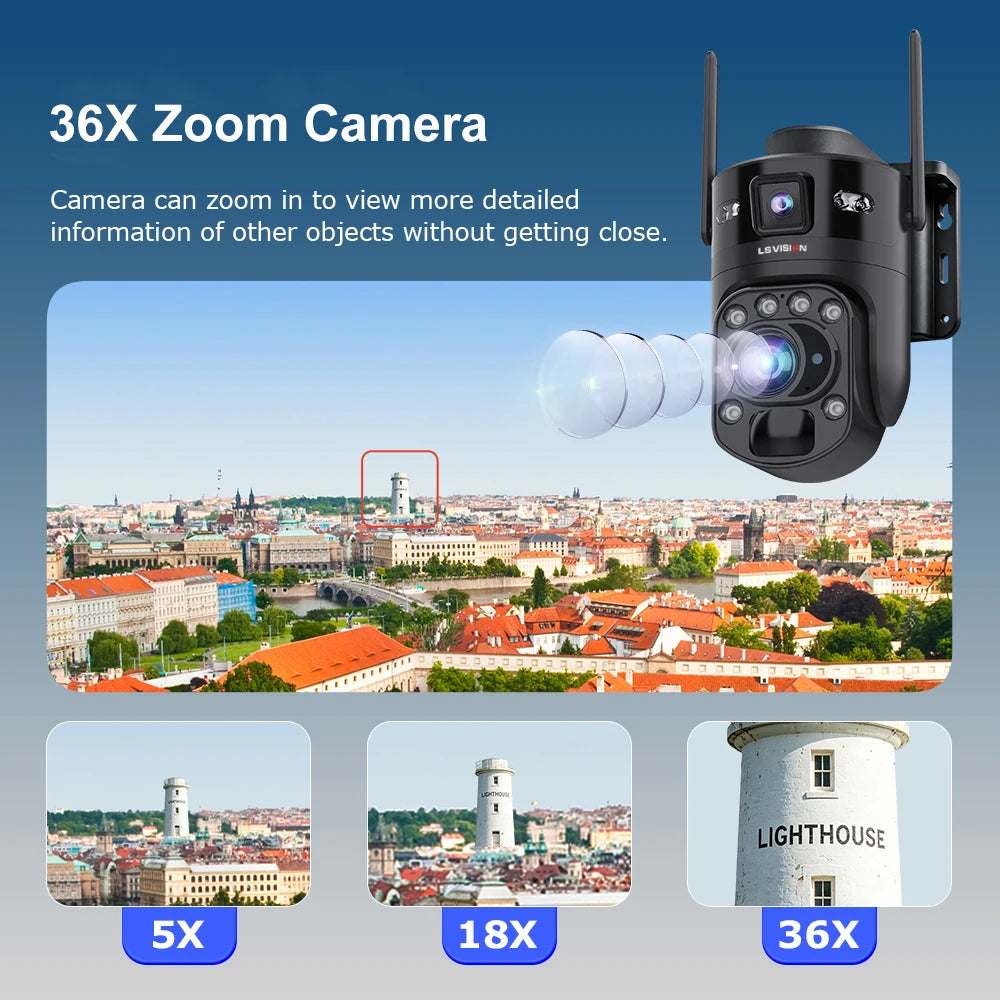 LS VISION 36X Zoom AOV+PIR Home Surveillance Cameras Outdoor  Wifi camera 10MP Dual-lens Dual-screen 24/7 Surveillance Record