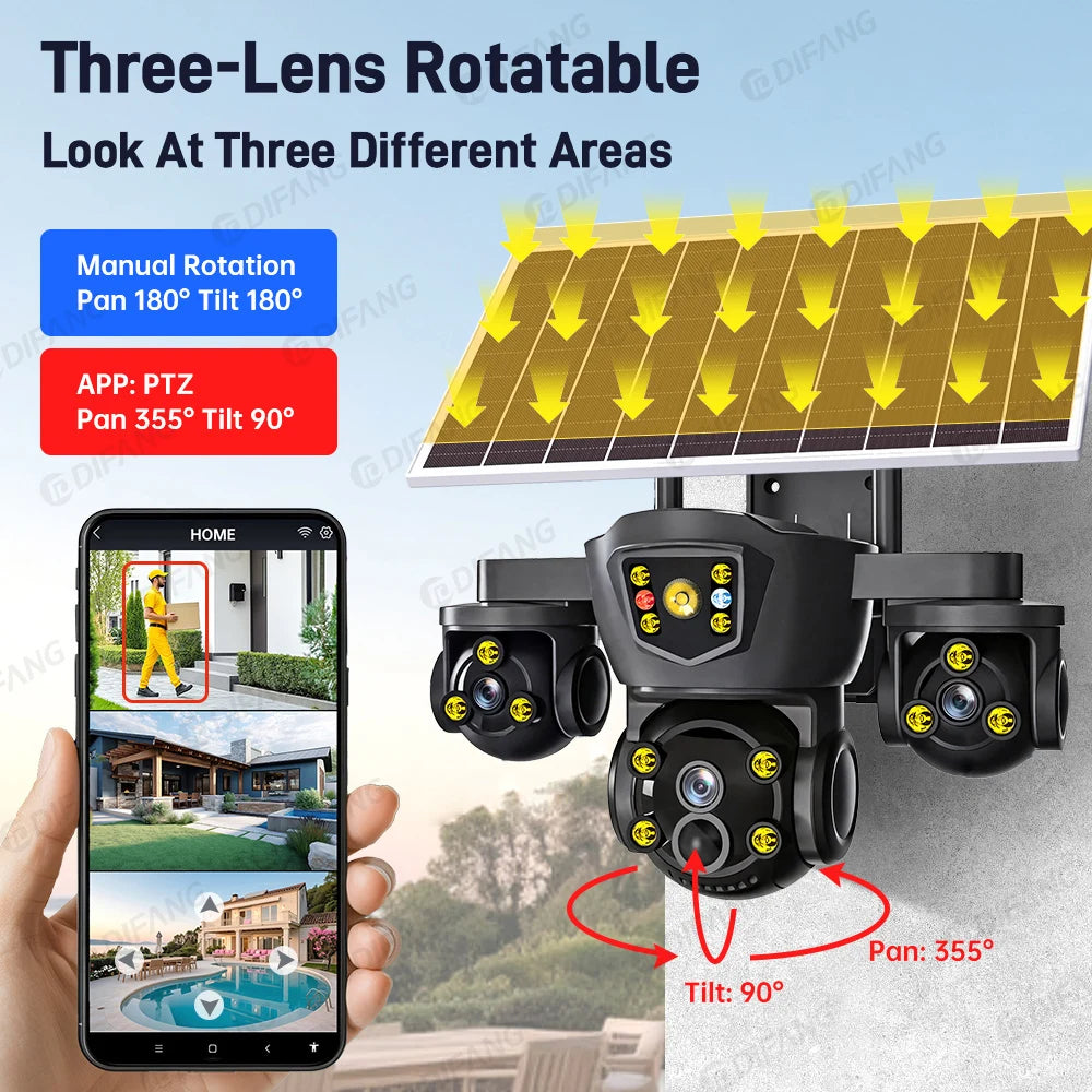 O-KAM Pro Solar Security Camera WiFi 15MP 10X Zoom Triple Screen Outdoor Red Blue LED Flash Alarm Wireless Solar Surveillance
