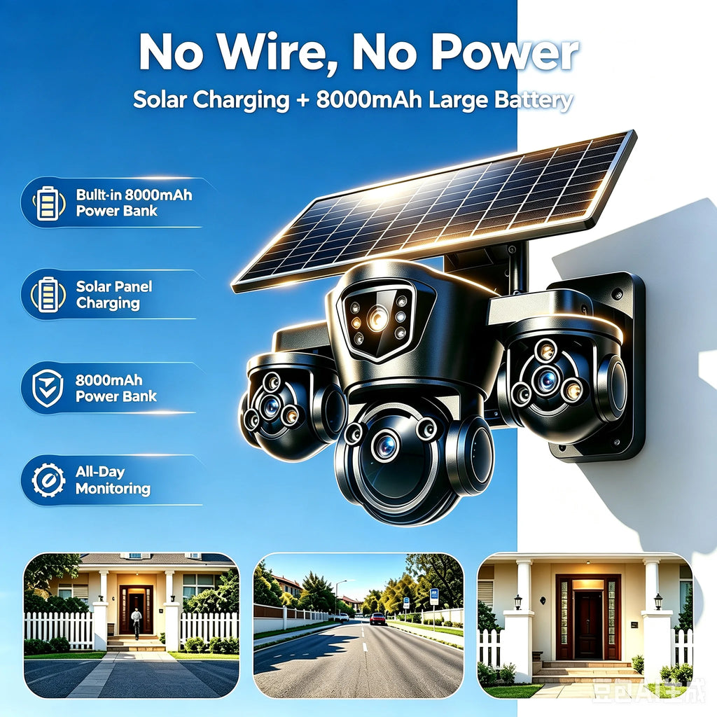 O-KAM Pro Solar Security Camera WiFi 15MP 10X Zoom Triple Screen Outdoor Red Blue LED Flash Alarm Wireless Solar Surveillance
