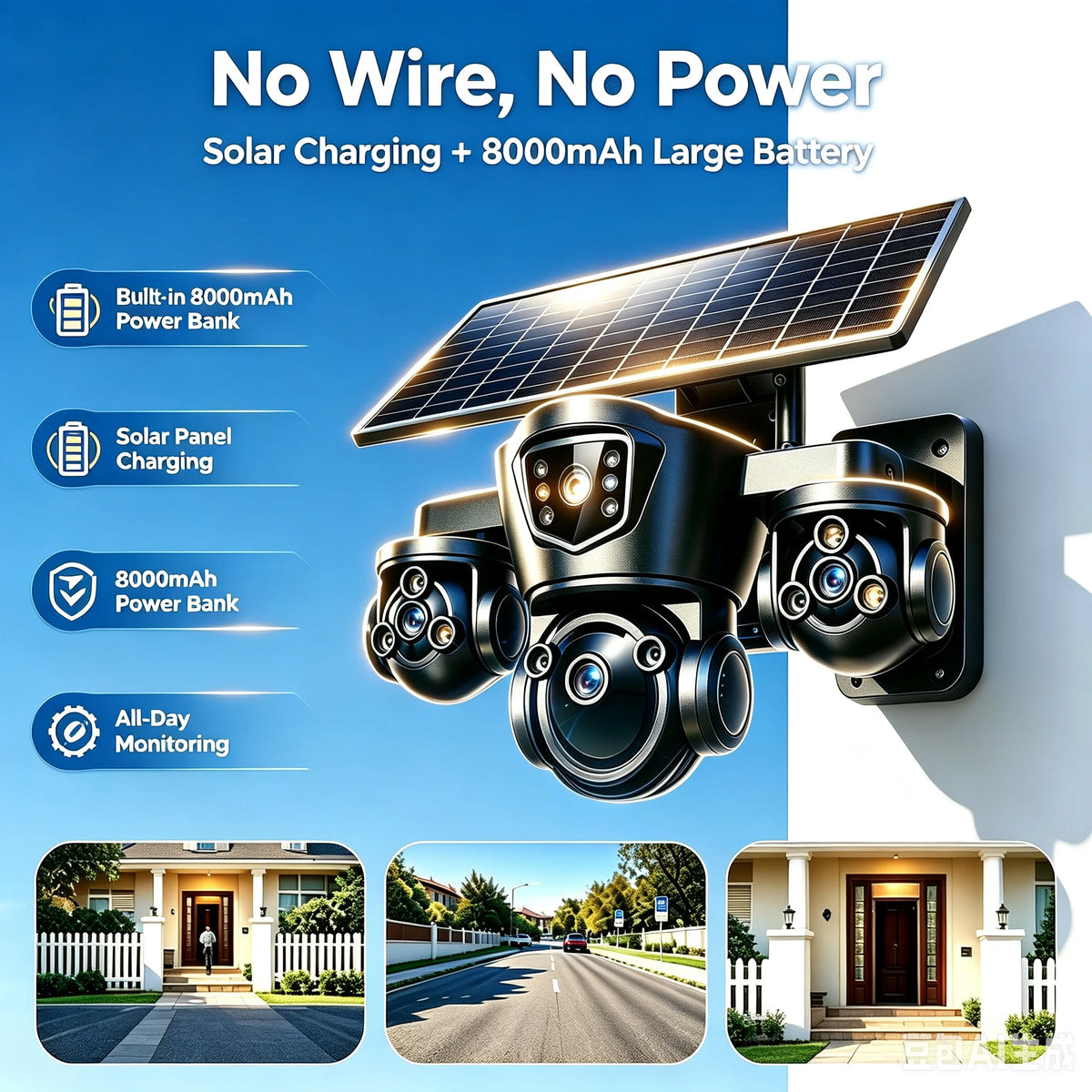 O-KAM Pro Solar Security Camera WiFi 15MP 10X Zoom Triple Screen Outdoor Red Blue LED Flash Alarm Wireless Solar Surveillance