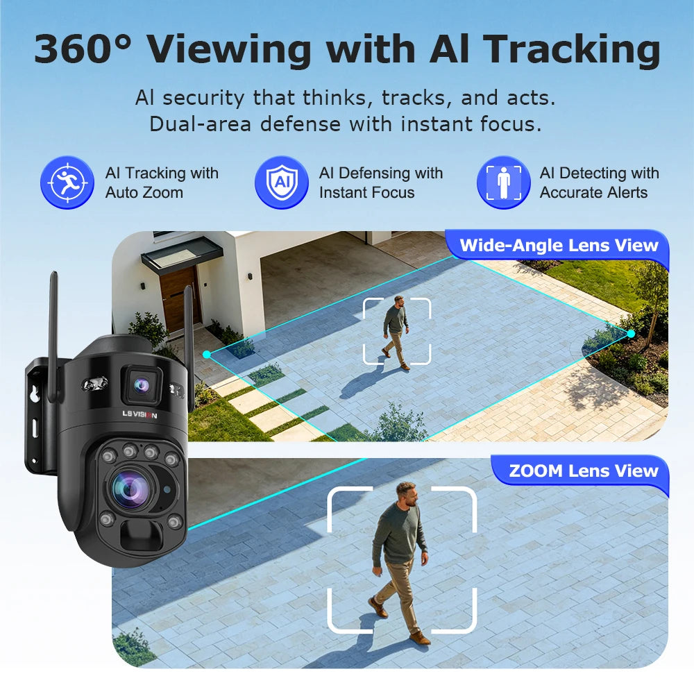 LS VISION 36X Zoom AOV+PIR Home Surveillance Cameras Outdoor  Wifi camera 10MP Dual-lens Dual-screen 24/7 Surveillance Record