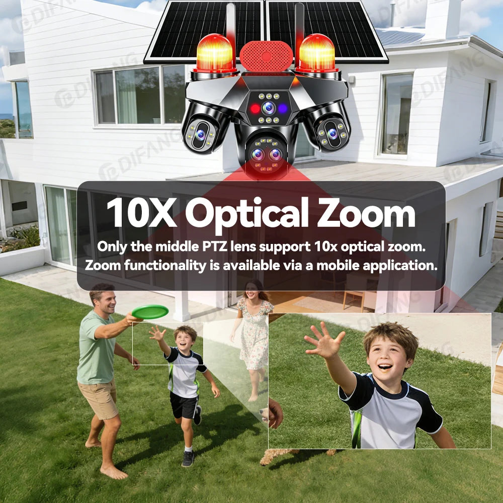 4 Screens 4G Sim AOV Outdoor Solar  IP Camera 5 Lens 3 PTZ Lens Surveillance Cam 10X Zoom 4G Solar CCTV V380 Pro