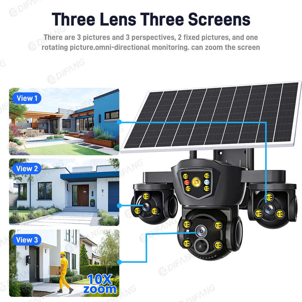 O-KAM Pro Solar Security Camera WiFi 15MP 10X Zoom Triple Screen Outdoor Red Blue LED Flash Alarm Wireless Solar Surveillance