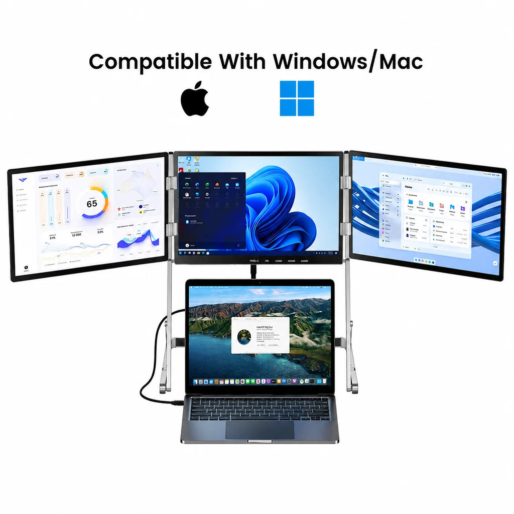 Sibolan 16 inch 2.5K Three Screen Portable Monitor 100% SRGB Metal Body HDMI USB-C Tripe Laptop Display Extender For Win Mac OS